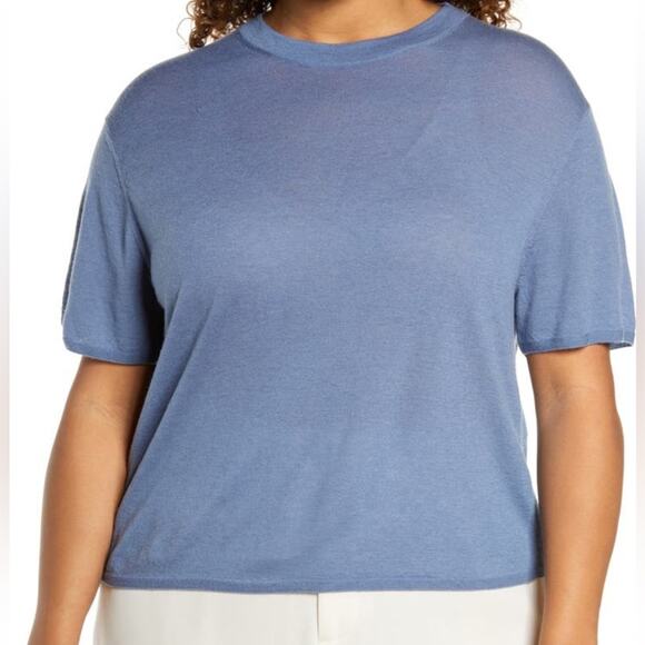 Vince Short Sleeve Wool and Cashmere Blend Sweater Blue 3X NWT